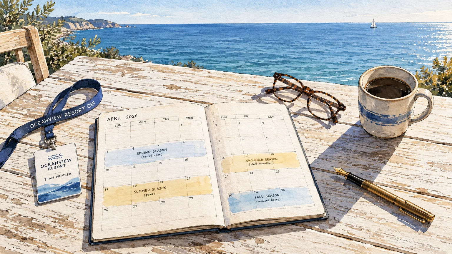 Watercolor illustration of a planner open to April 2026 on a wooden deck table overlooking an ocean view.