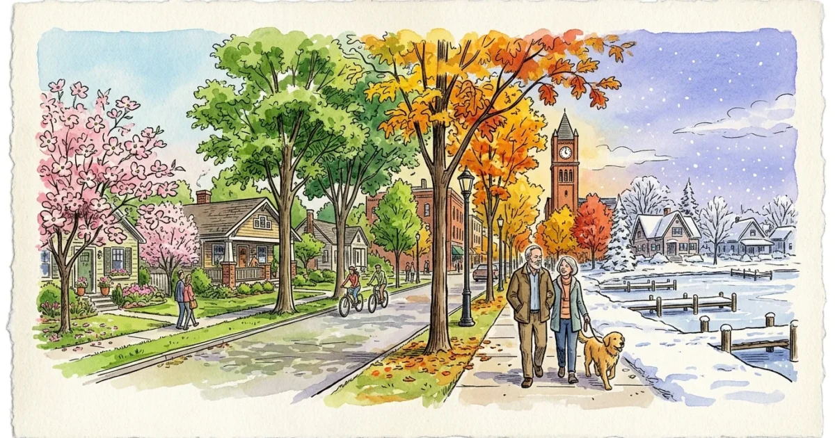 Panoramic watercolor illustration of a town transitioning across spring, summer, fall, and winter with walking retirees.