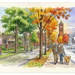 Panoramic watercolor illustration of a town transitioning across spring, summer, fall, and winter with walking retirees.