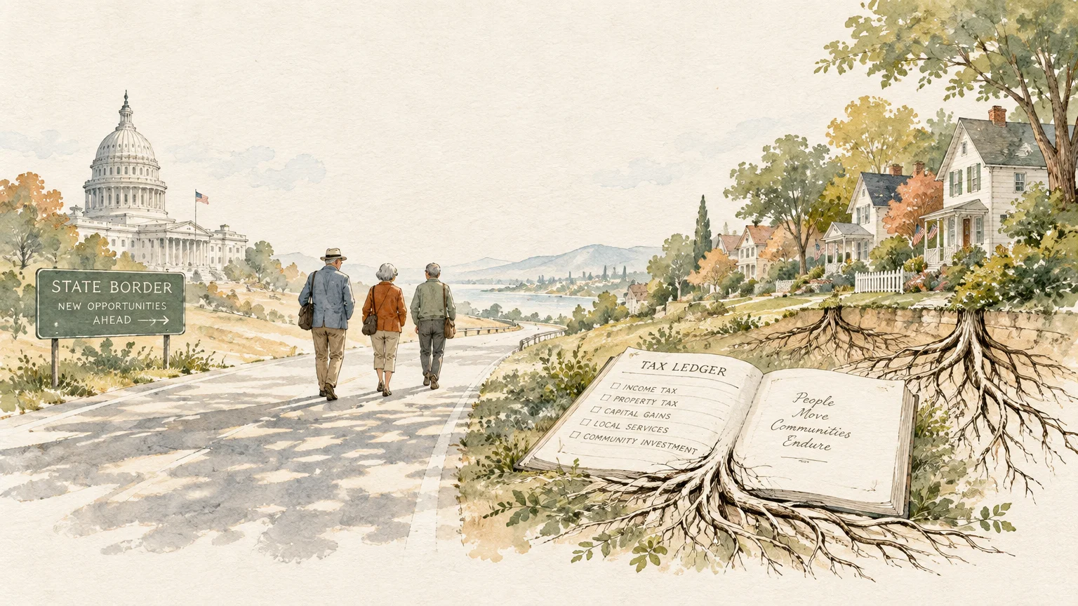 Watercolor illustration of three retirees walking along a road past a state border sign, a capitol dome, and a tax ledger book.