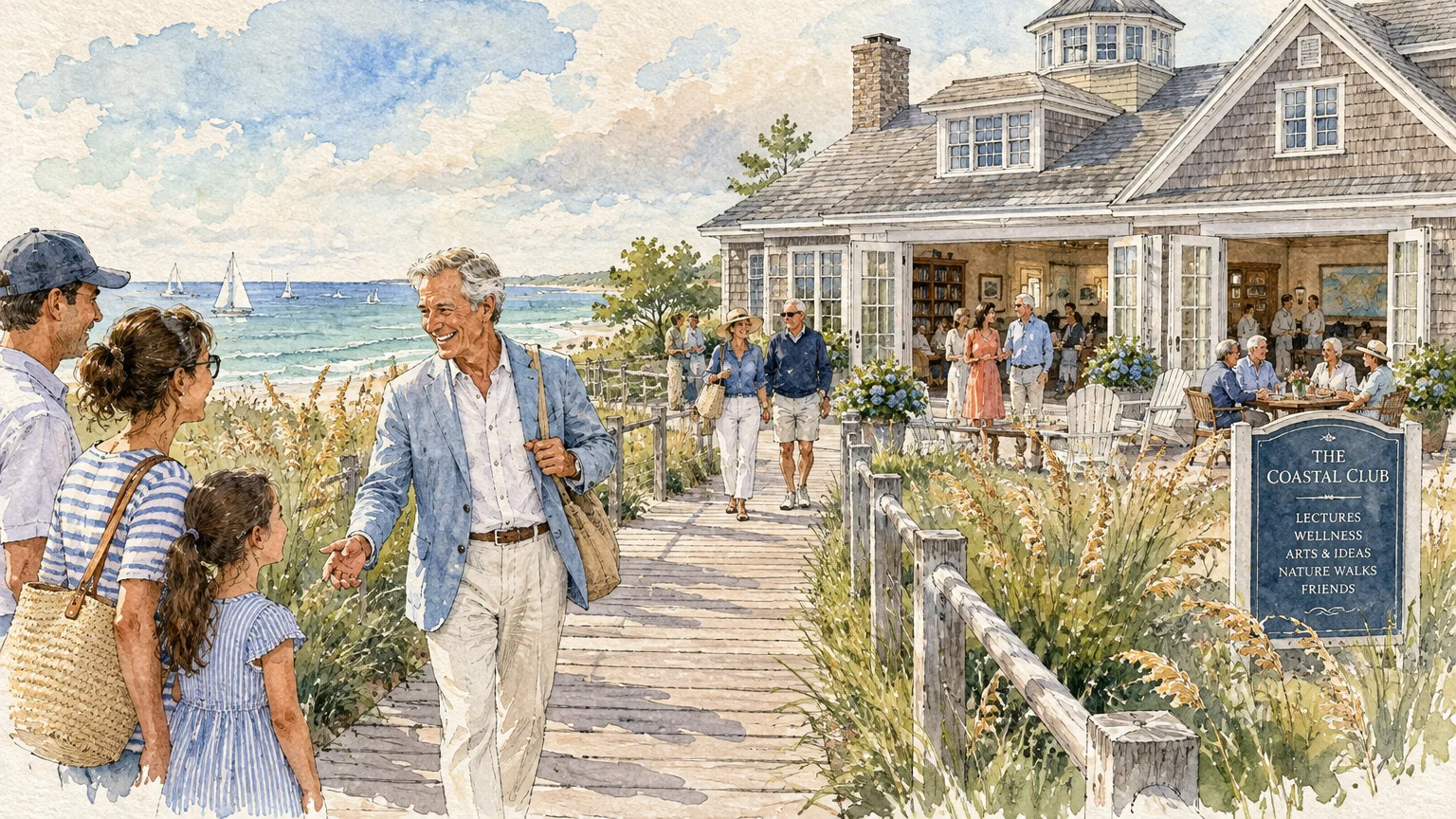 Watercolor of a smiling older man greeting a family on a seaside boardwalk outside a shingled coastal clubhouse.