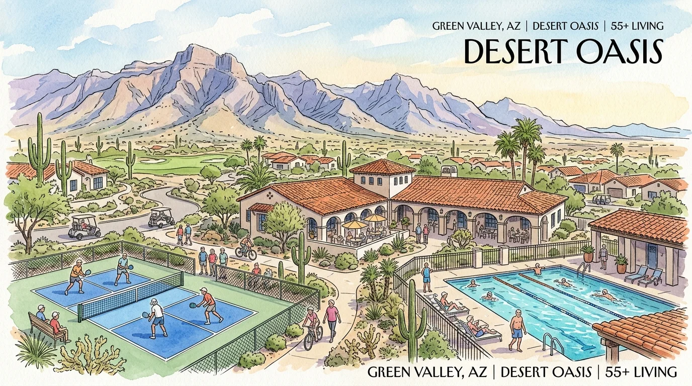 Illustration of a desert community with pickleball courts, a swimming pool, and mountains in Green Valley, Arizona.