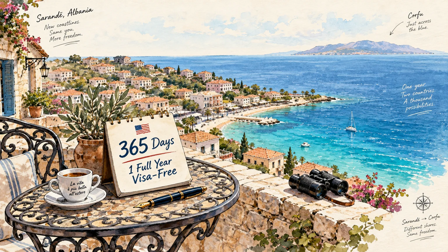 Watercolor illustration of a balcony overlooking a Mediterranean coastal town and sea, with a desk calendar and binoculars.
