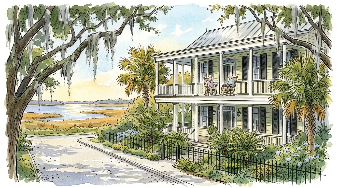 Watercolor illustration of a two-story Southern house porch overlooking coastal marshland under moss-draped oak trees.