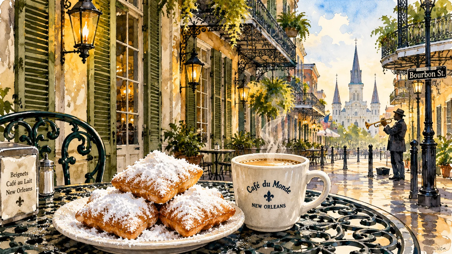 Watercolor of beignets and chicory coffee on an outdoor table along a French Quarter street with a trumpeter and cathedral.