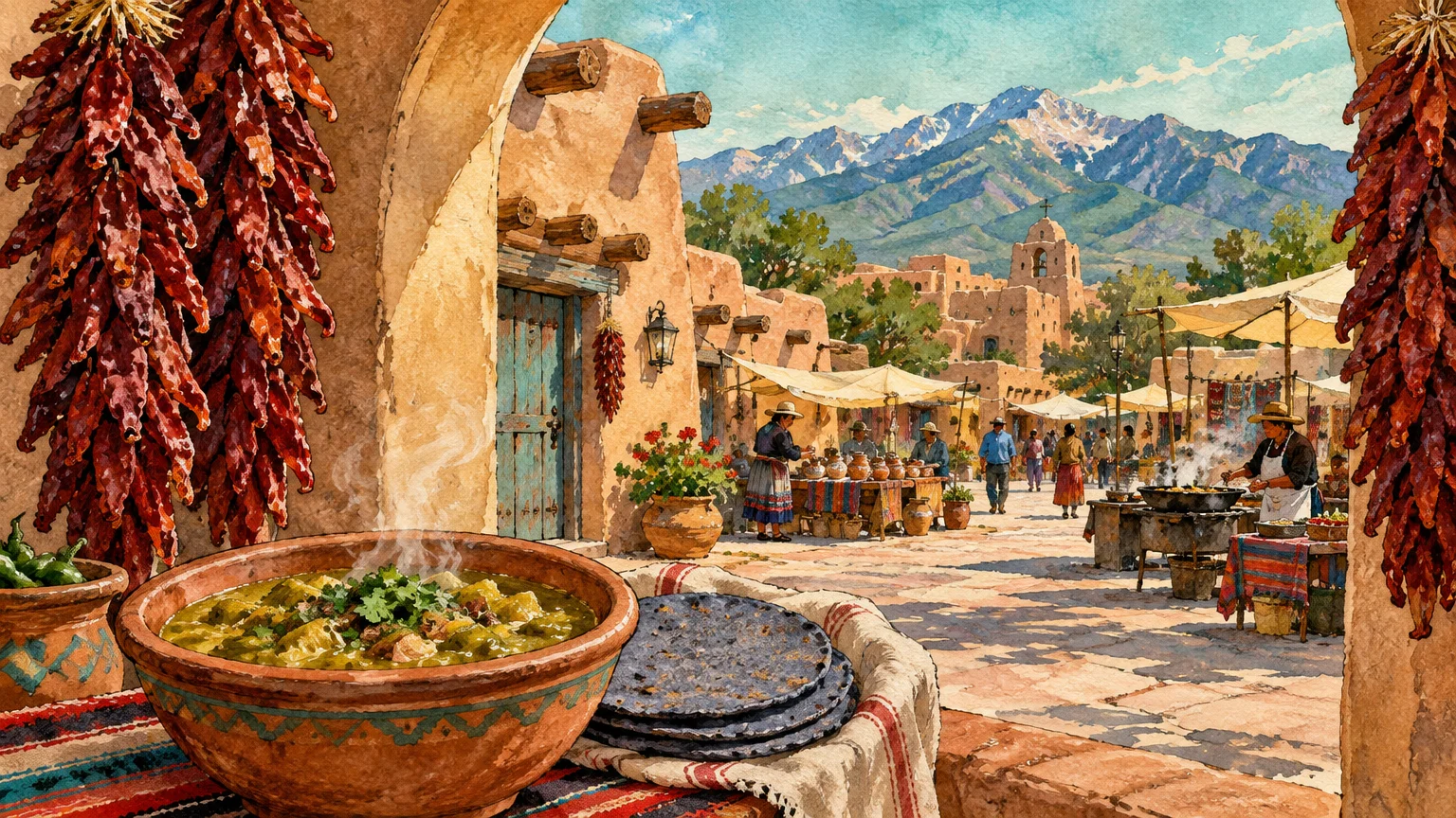 Watercolor illustration of a Southwestern adobe market plaza framed by hanging chile ristras and steaming stew.