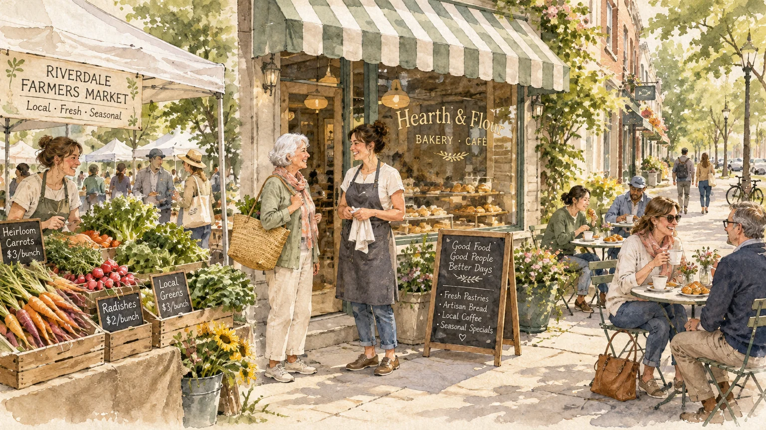 Watercolor illustration of people outside a bakery and farmers market stand on a sunny town street.