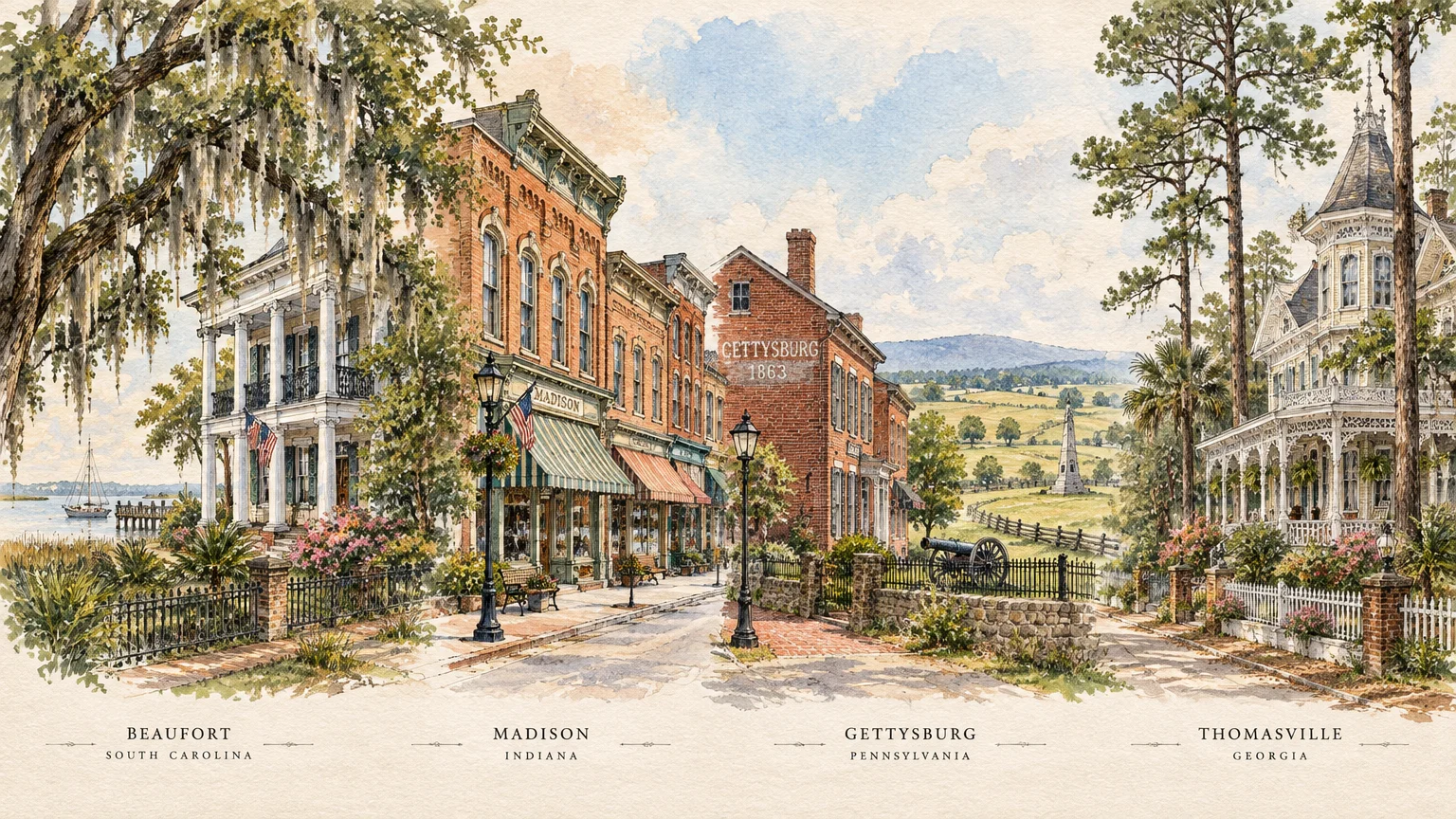 Watercolor illustration of historic American architecture from Beaufort, Madison, Gettysburg, and Thomasville.