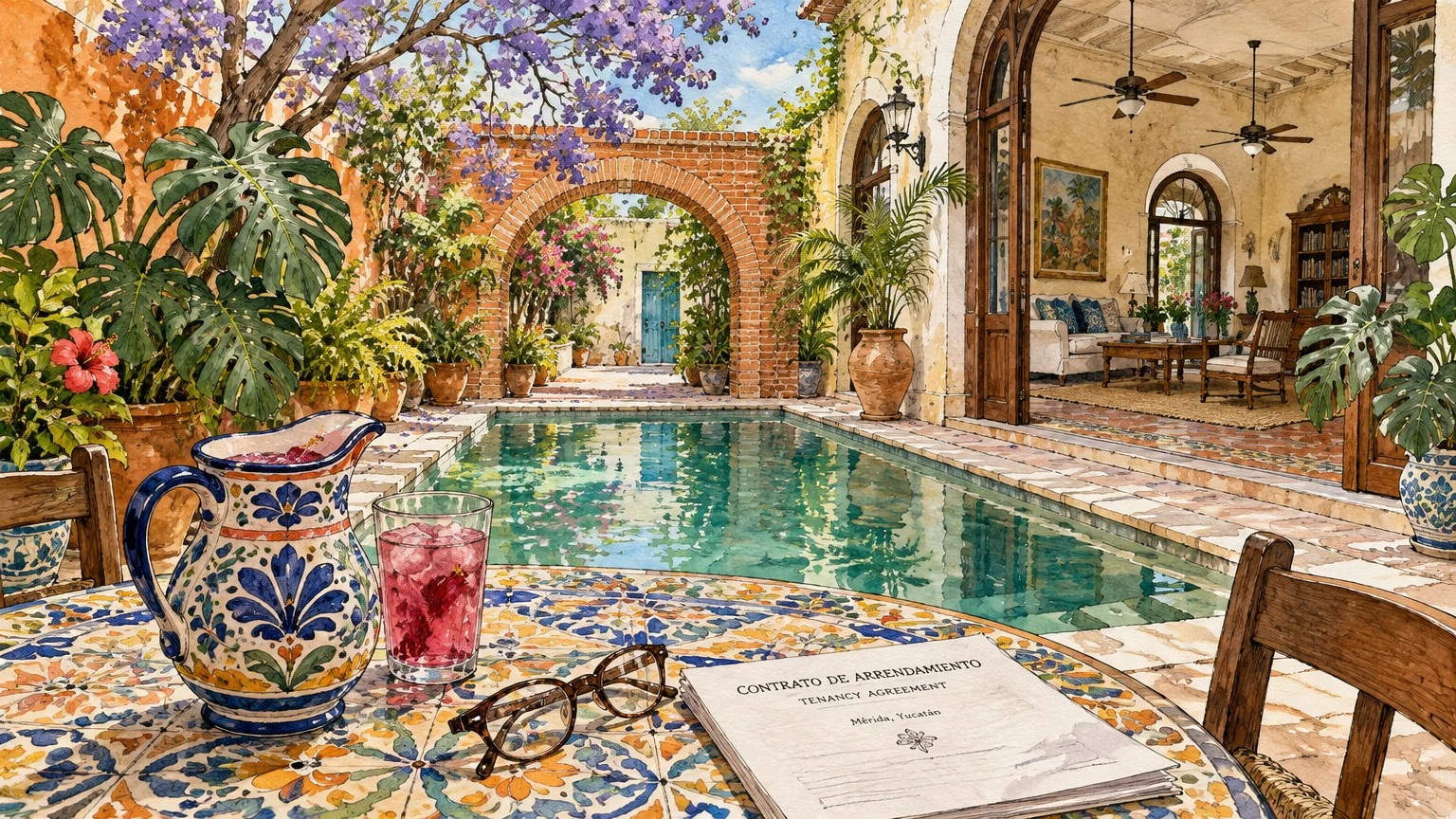 Watercolor illustration of a tiled courtyard table with a tenancy agreement beside a swimming pool and sunlit hacienda.