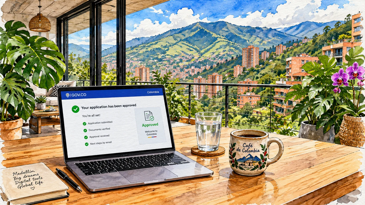 Watercolor illustration of a laptop showing an approved Colombia visa on a balcony overlooking mountains and city buildings.
