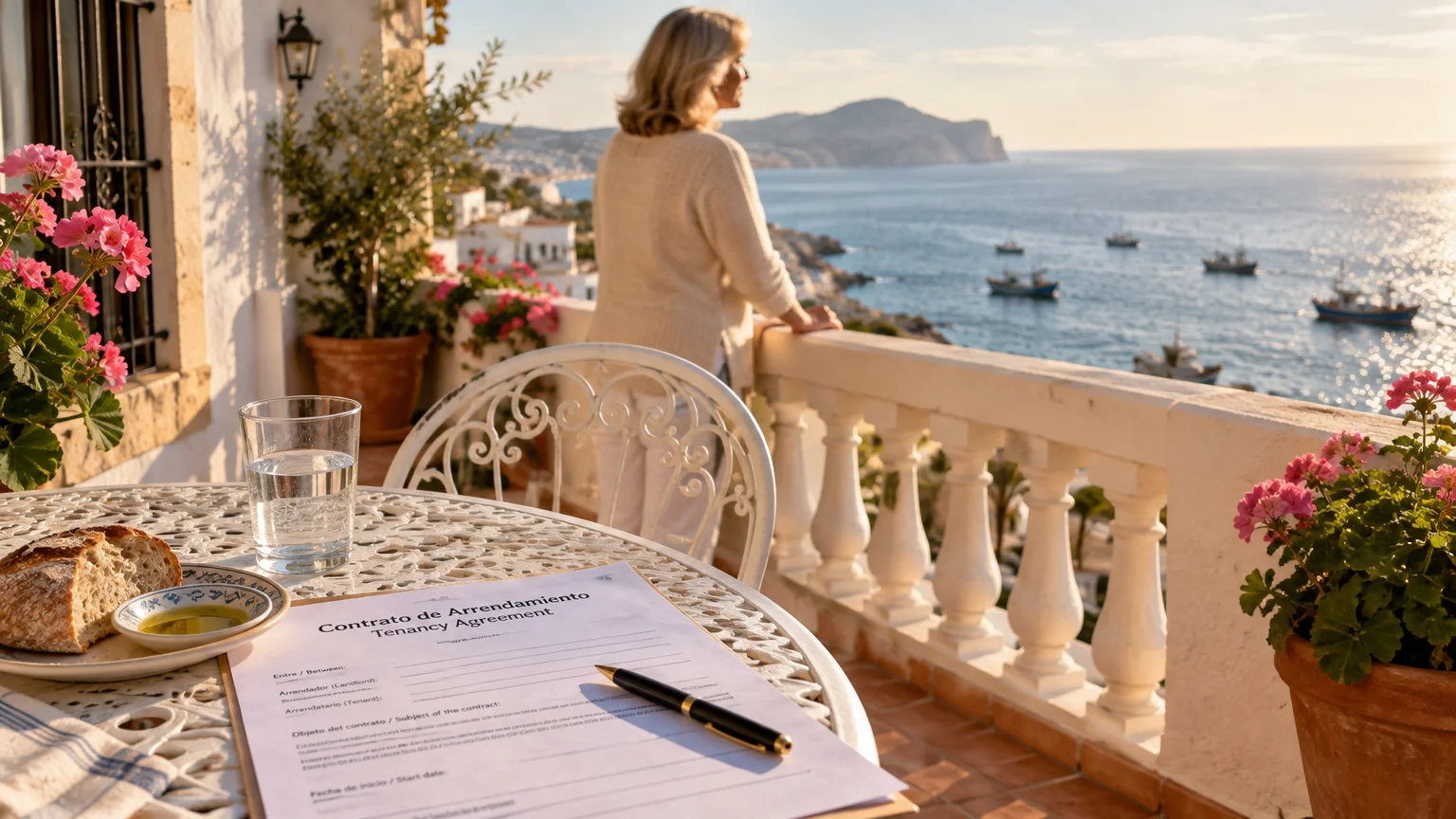 Tenancy agreement on a sunlit balcony table overlooking the Mediterranean Sea while a woman stands at the railing.