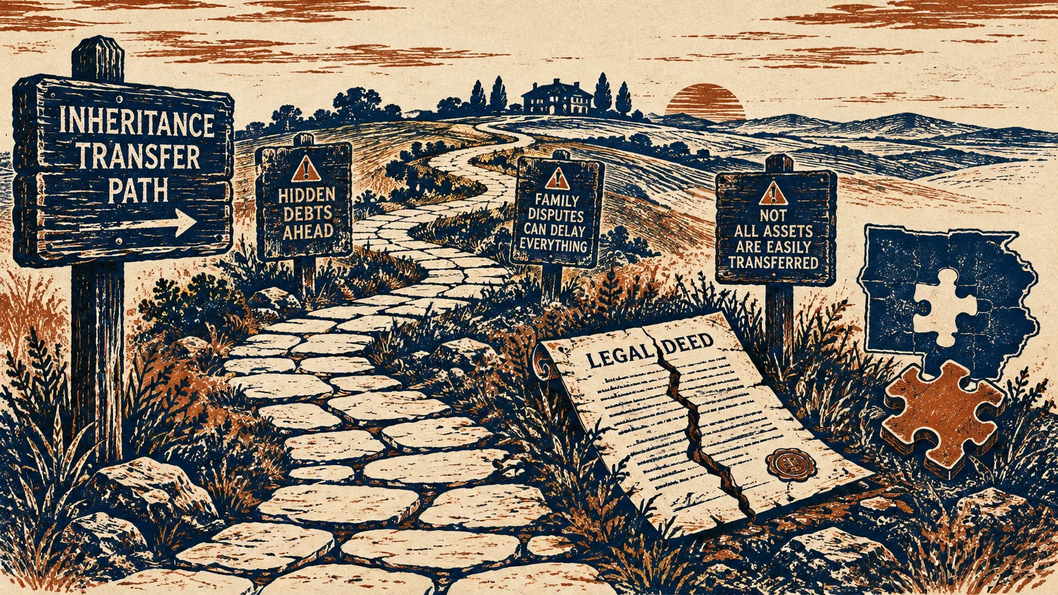 Illustration of a stone path with warning signs about inheritance pitfalls, a torn legal deed, and a state-shaped puzzle.