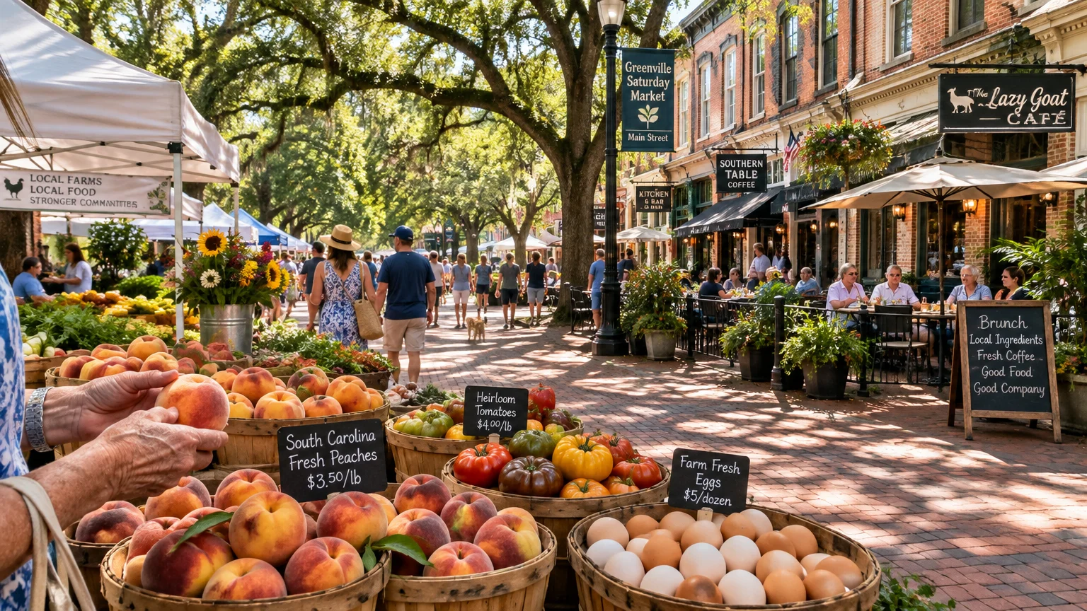 Pedestrians browse baskets of peaches, heirloom tomatoes, and eggs along a tree-lined brick street with sidewalk cafes.