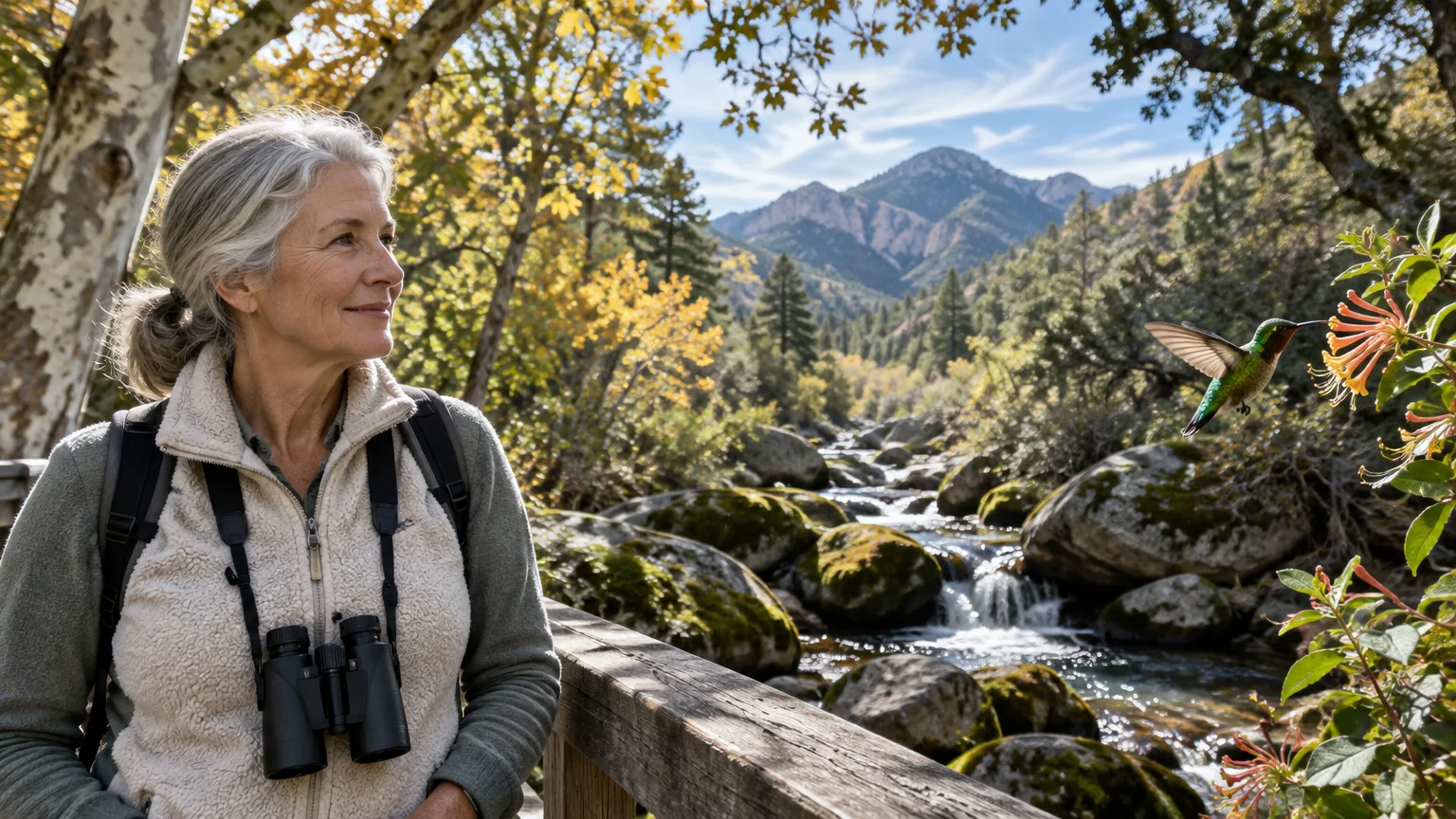 A senior woman with binoculars smiles on a wooden bridge as a hummingbird feeds near a mountain stream.