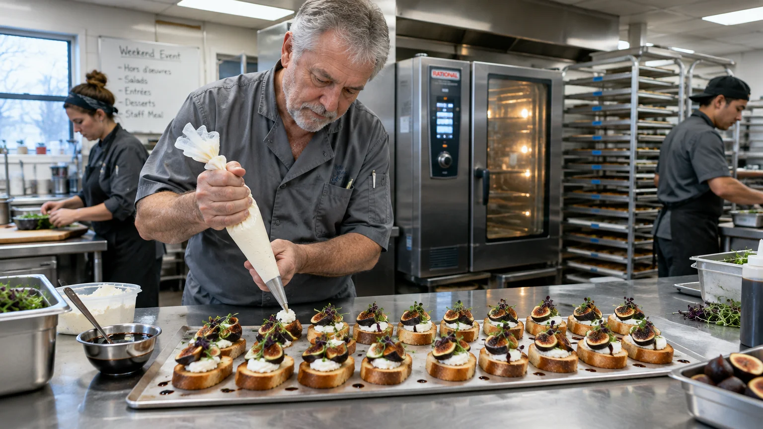 A chef pipes cream cheese onto fig crostini appetizers arranged on a metal tray in a commercial kitchen.