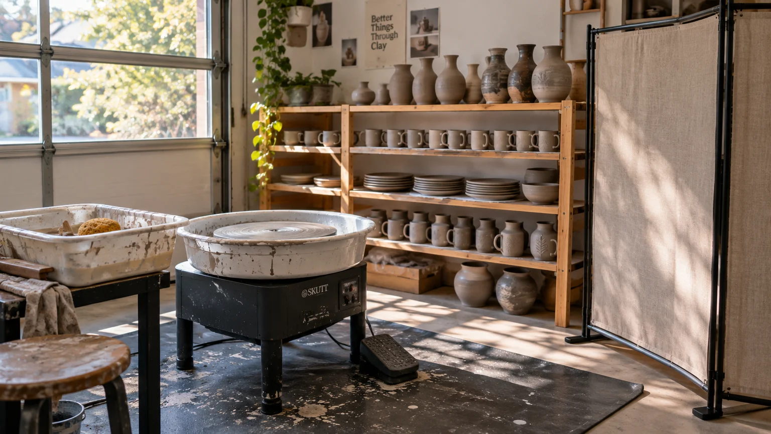 Pottery studio in a garage featuring a potter's wheel, work table, and wooden shelves stacked with ceramic pottery.