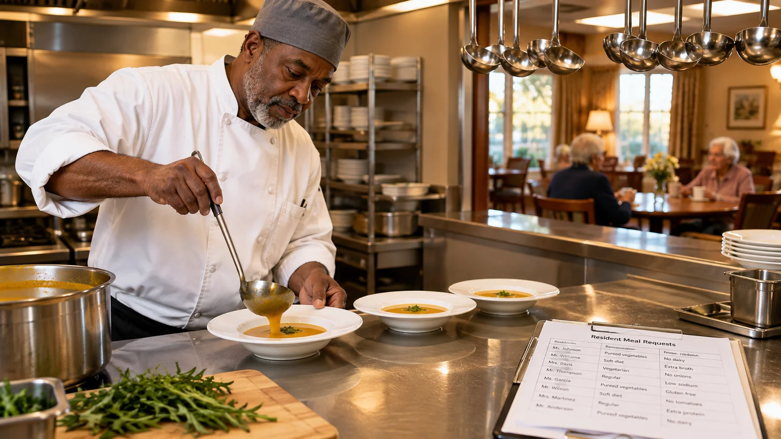 A chef ladles soup into bowls next to a meal request list on a counter overlooking a senior living dining room.