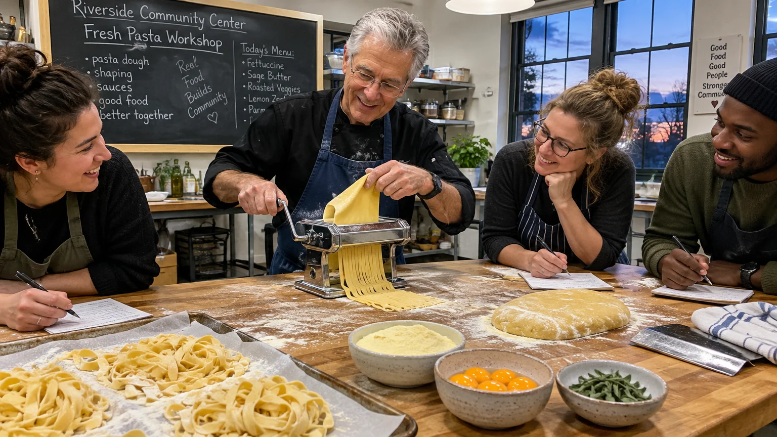 A chef demonstrates a manual pasta machine to three smiling students taking notes around a flour-dusted wooden table.