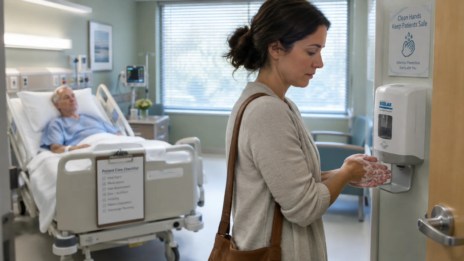 A woman uses a wall-mounted hand sanitizer dispenser in a hospital room where an older patient lies in bed.