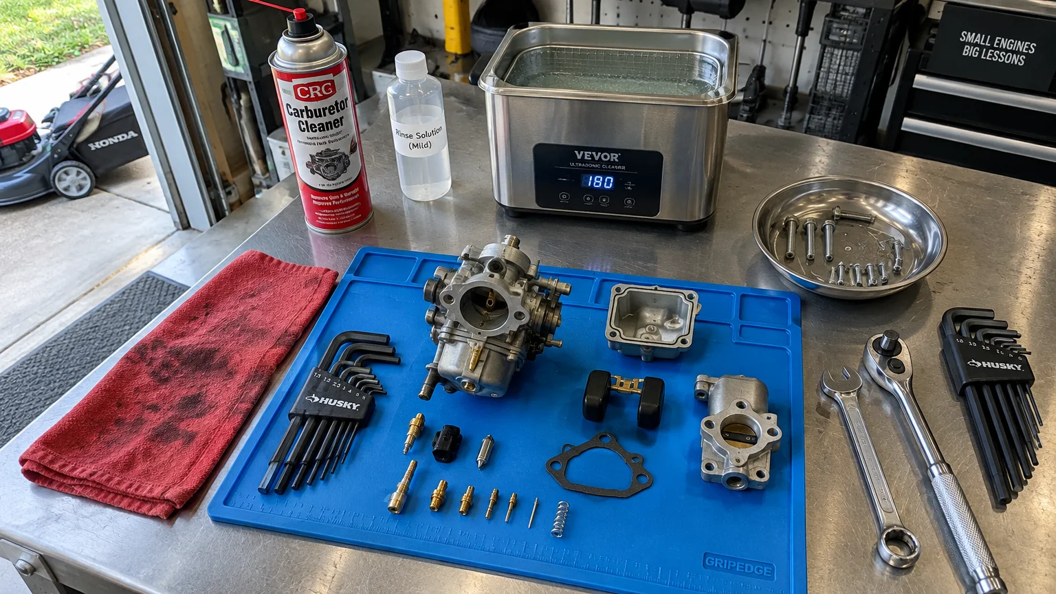 Disassembled small engine carburetor parts arranged on a blue work mat beside tools, cleaner, and an ultrasonic bath.