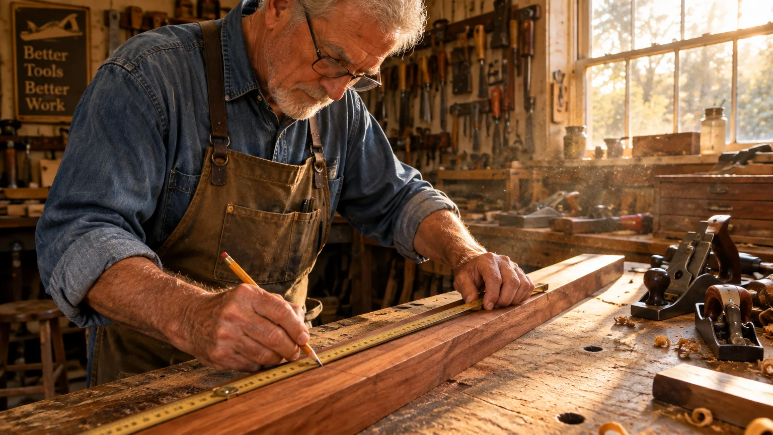 Senior craftsman wearing an apron and glasses measures a wood plank with a ruler and pencil in a workshop.