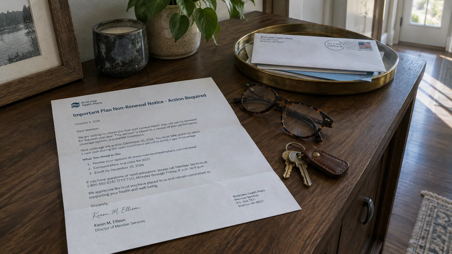 Plan non-renewal letter lying on a wooden side table next to eyeglasses, keys, and mail in a brass tray.