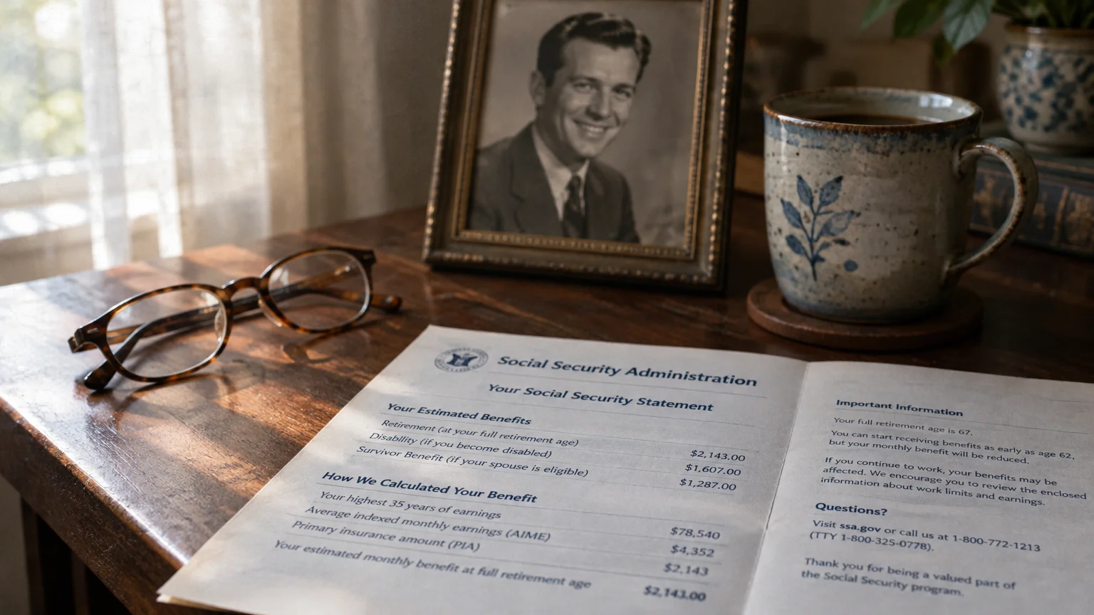 Social Security statement on a wooden desk beside eyeglasses, a coffee mug, and a framed vintage portrait of a man.