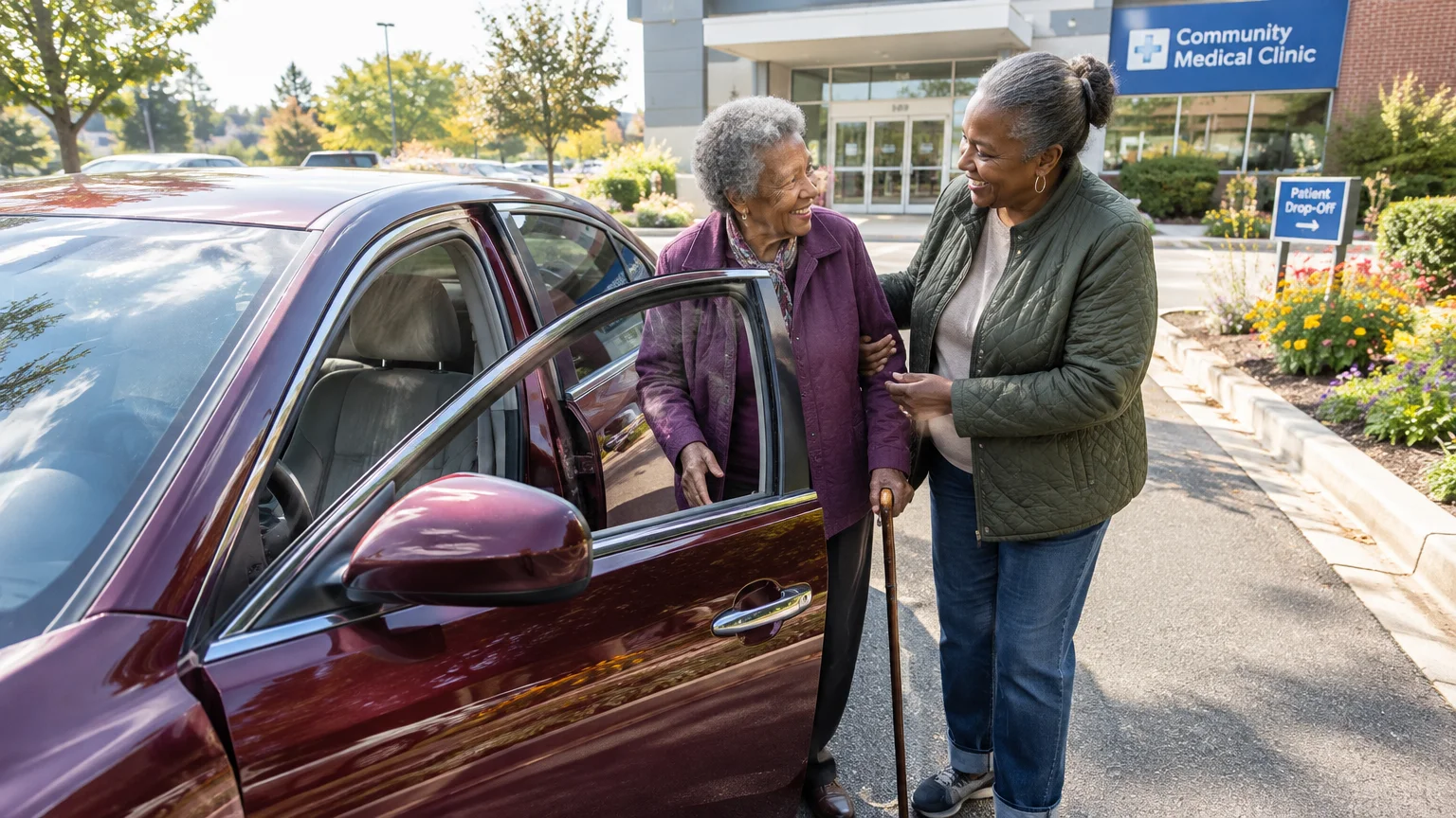 A woman helps an elderly woman with a cane step out of a car outside a medical clinic.