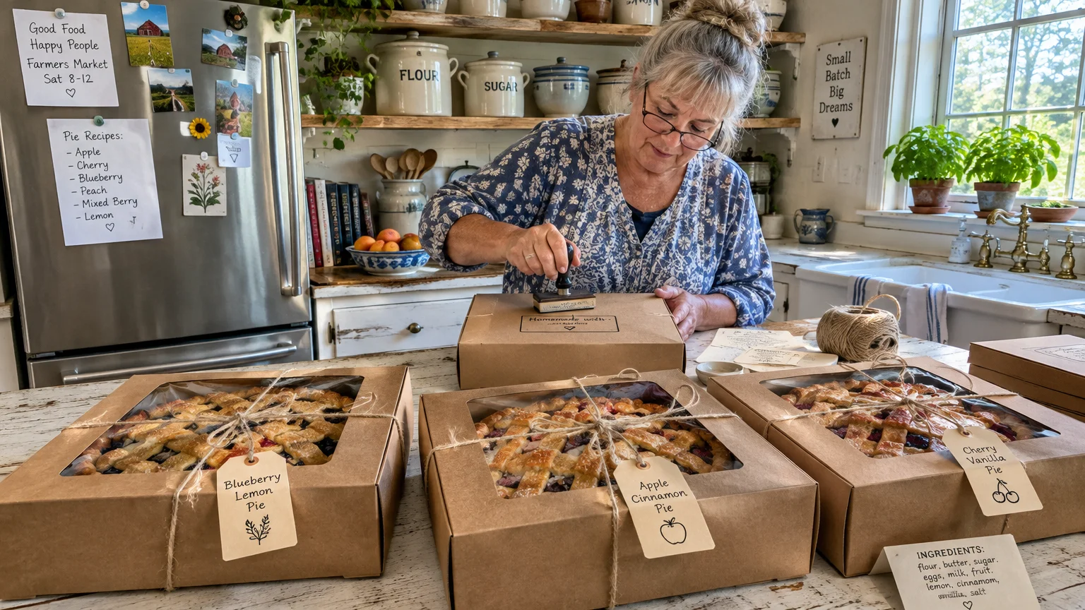 A woman stamps bakery boxes containing packaged fruit pies tied with twine on a kitchen counter.