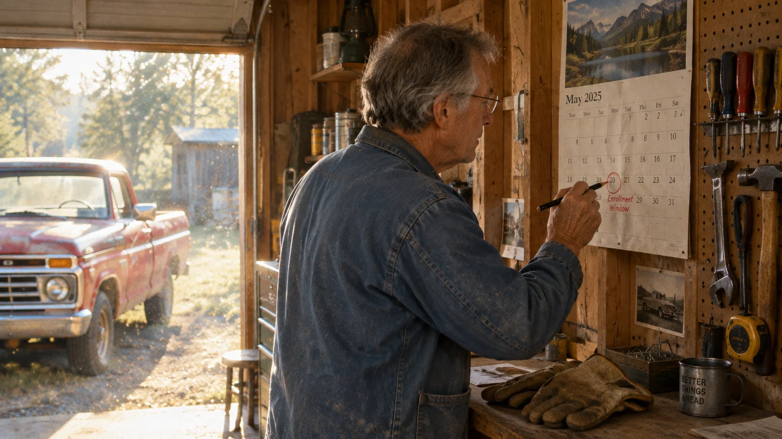 A senior man in a workshop marks an enrollment window date on a wall calendar beside an open garage door and pickup truck.