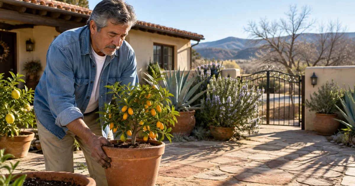 Man in a denim shirt tending to a potted citrus plant on a sunny stone patio outside a stucco home.