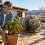 Man in a denim shirt tending to a potted citrus plant on a sunny stone patio outside a stucco home.