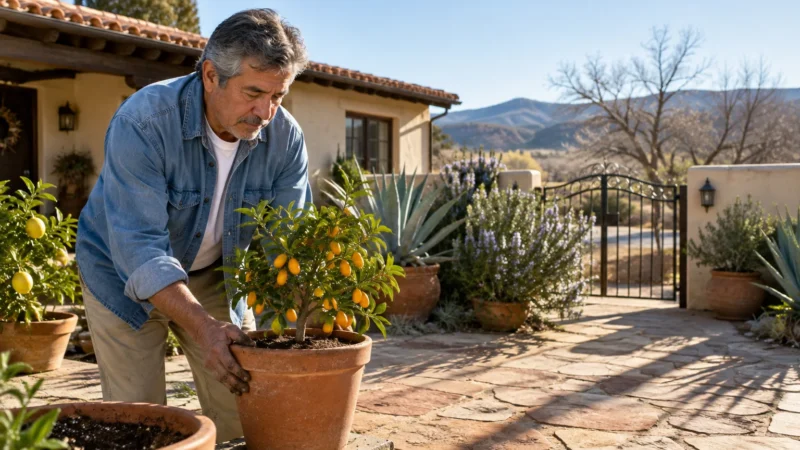 Man in a denim shirt tending to a potted citrus plant on a sunny stone patio outside a stucco home.