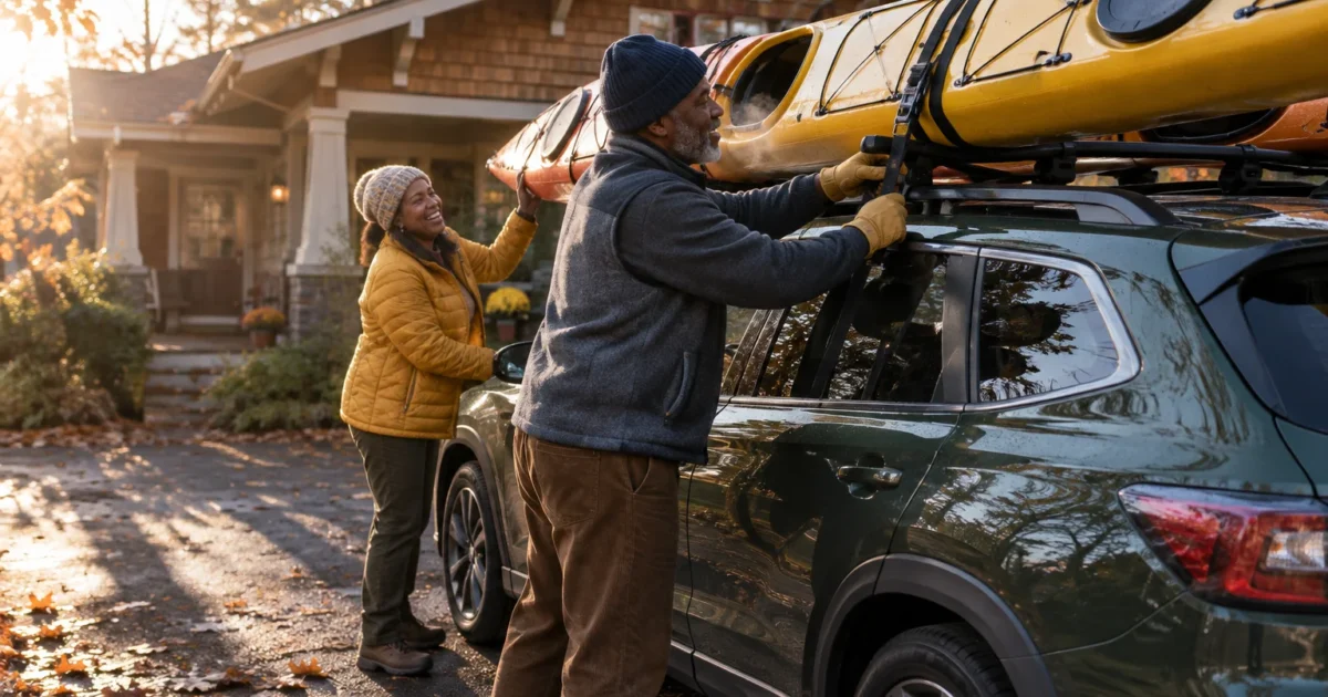 A smiling older couple secures a yellow kayak onto the roof rack of their green SUV in an autumn driveway.