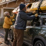 A smiling older couple secures a yellow kayak onto the roof rack of their green SUV in an autumn driveway.