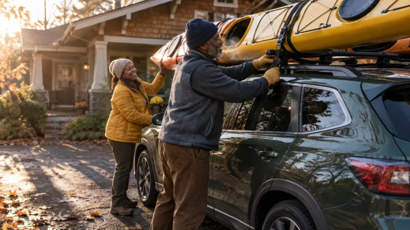 A smiling older couple secures a yellow kayak onto the roof rack of their green SUV in an autumn driveway.