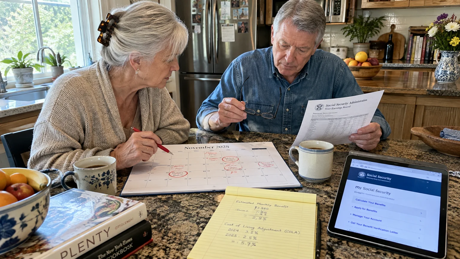 An older couple at a kitchen counter reviewing Social Security documents, a calendar, notepad, and tablet computer.