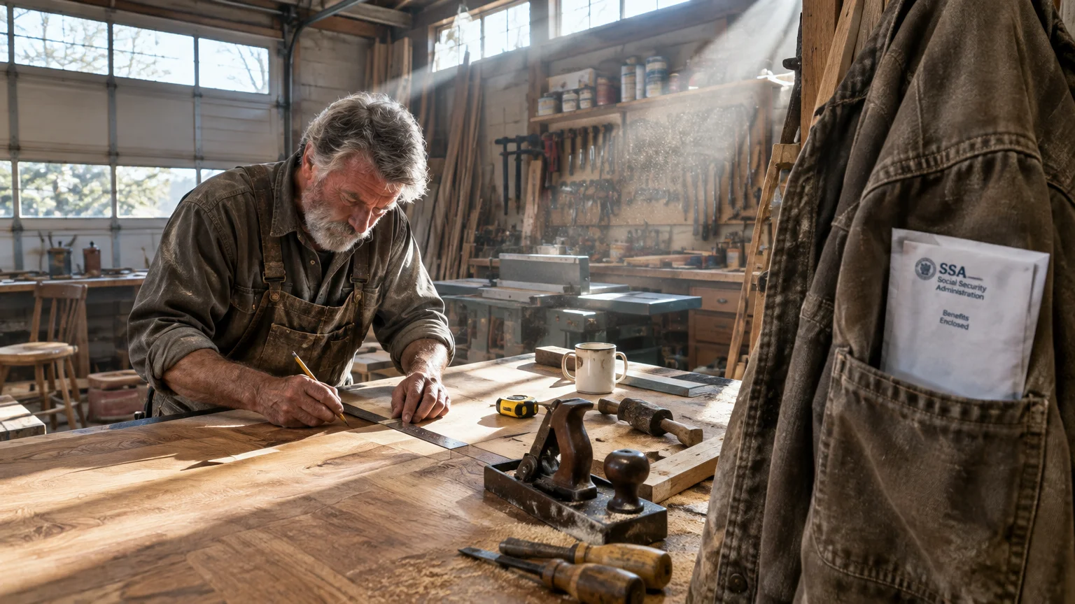 Older carpenter measuring wood in a sunlit workshop with a Social Security Administration letter in his jacket pocket.