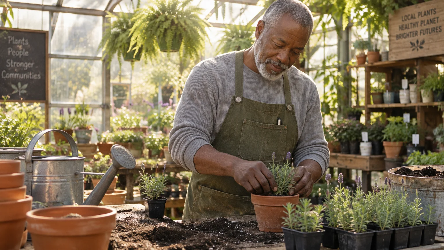 An older man wearing an apron repots lavender plants on a soil-covered workbench inside a sunlit greenhouse.