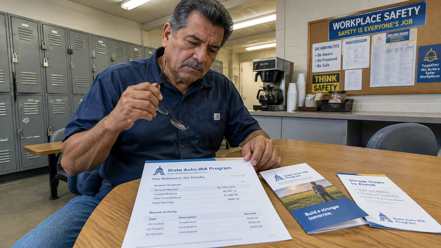 A man sitting in a break room holding eyeglasses and looking over papers titled State Auto-IRA Program.
