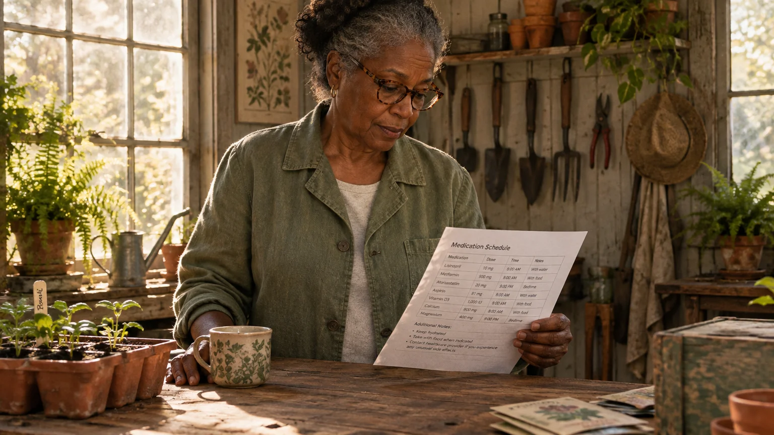 Older woman wearing glasses reviews a printed medication schedule at a wooden table in a sunlit greenhouse.
