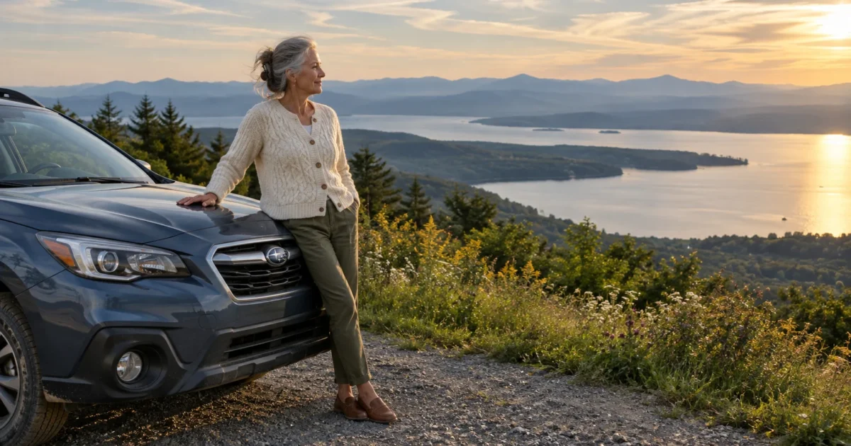 A senior woman leaning against a blue car overlooking a wide lake and mountains at sunset.