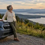 A senior woman leaning against a blue car overlooking a wide lake and mountains at sunset.
