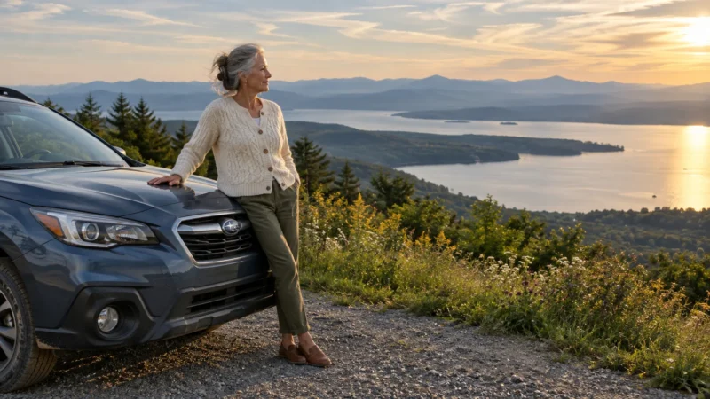 A senior woman leaning against a blue car overlooking a wide lake and mountains at sunset.