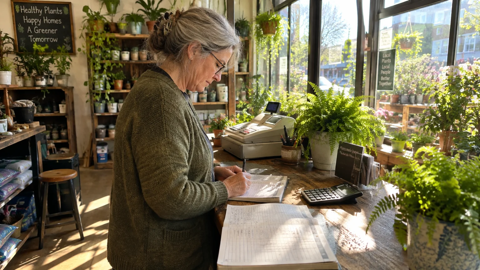 Woman writing in a ledger at a plant shop counter beside a cash register, calculator, and potted ferns.