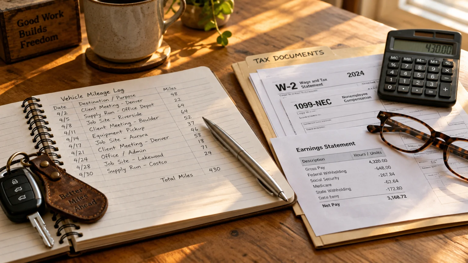Desk with a handwritten vehicle mileage log, car keys, pen, glasses, calculator, and W-2 and 1099-NEC tax forms.
