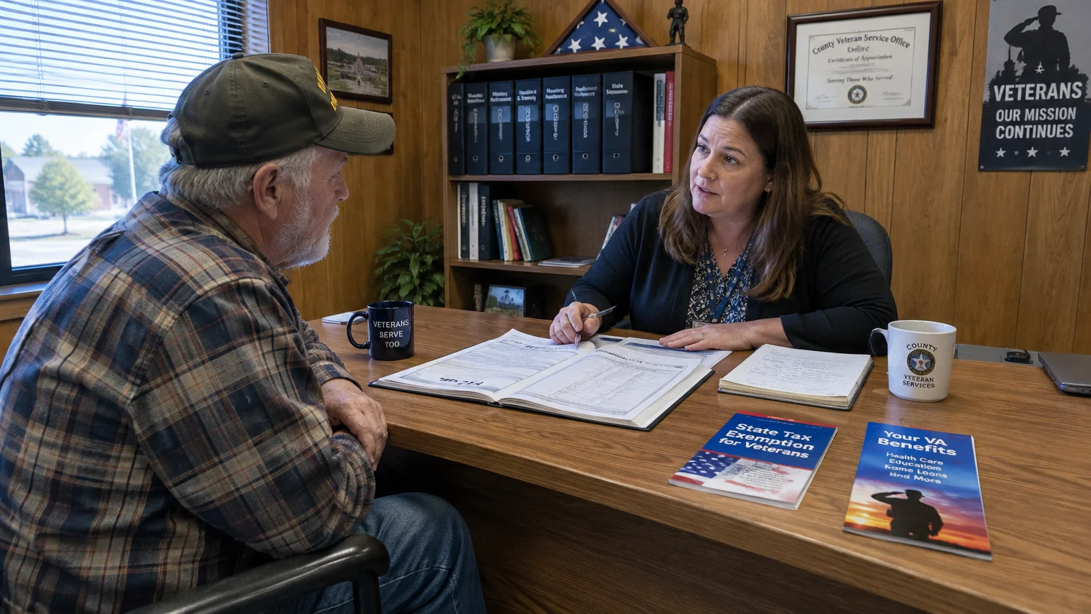 A female counselor at a wooden desk reviews paperwork and benefit brochures with an older man wearing a baseball cap.