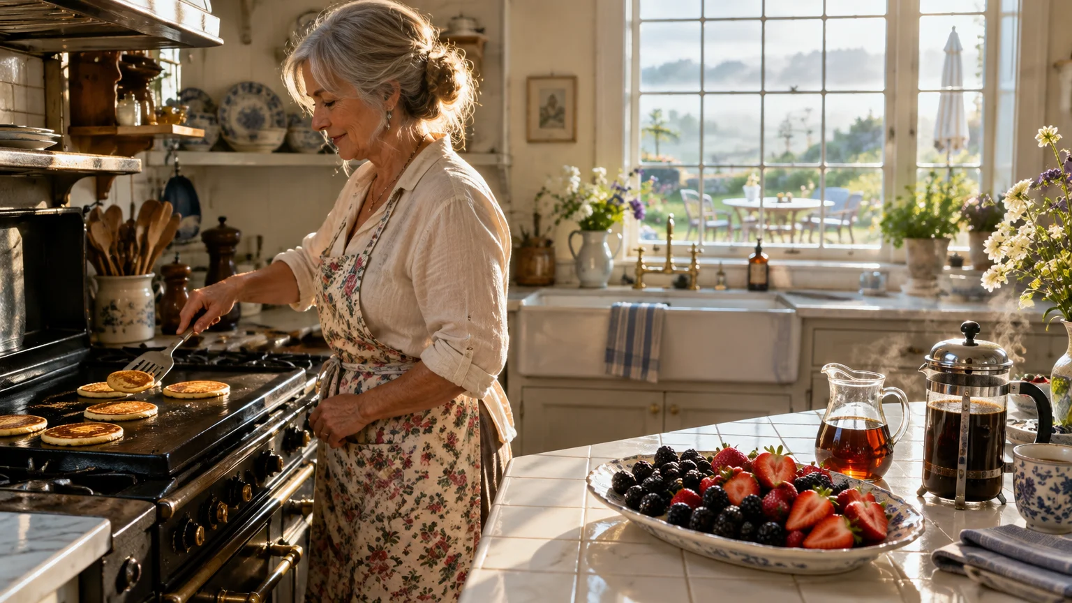 A woman flips pancakes on a stovetop griddle in a sunlit kitchen with berries and a coffee press on the counter.