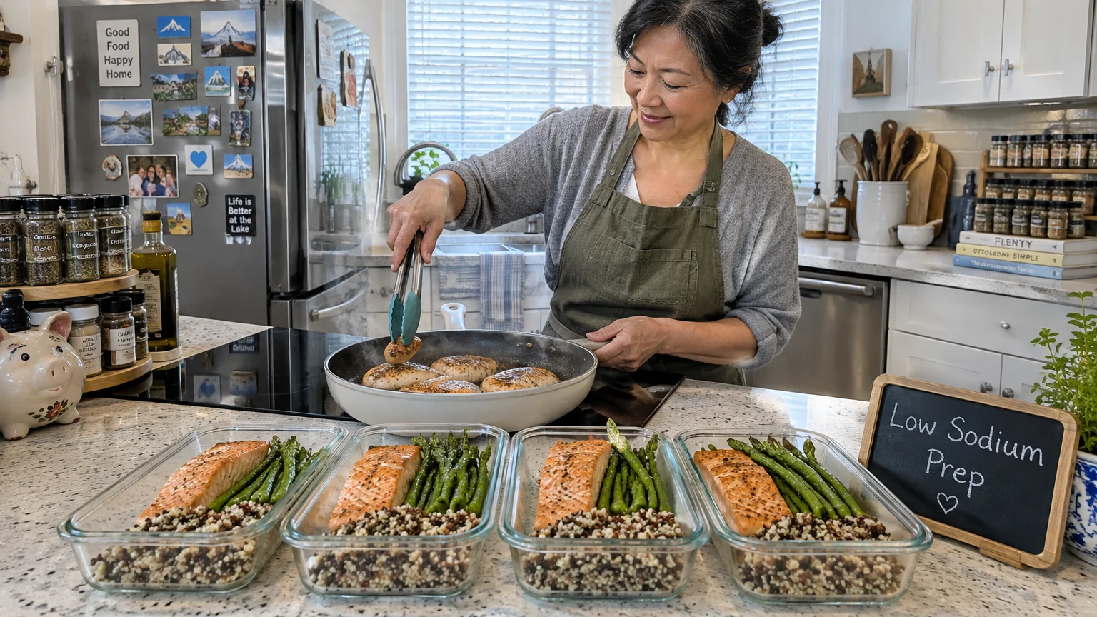 Woman cooking in a kitchen beside four meal prep containers with salmon and a Low Sodium Prep chalkboard sign.