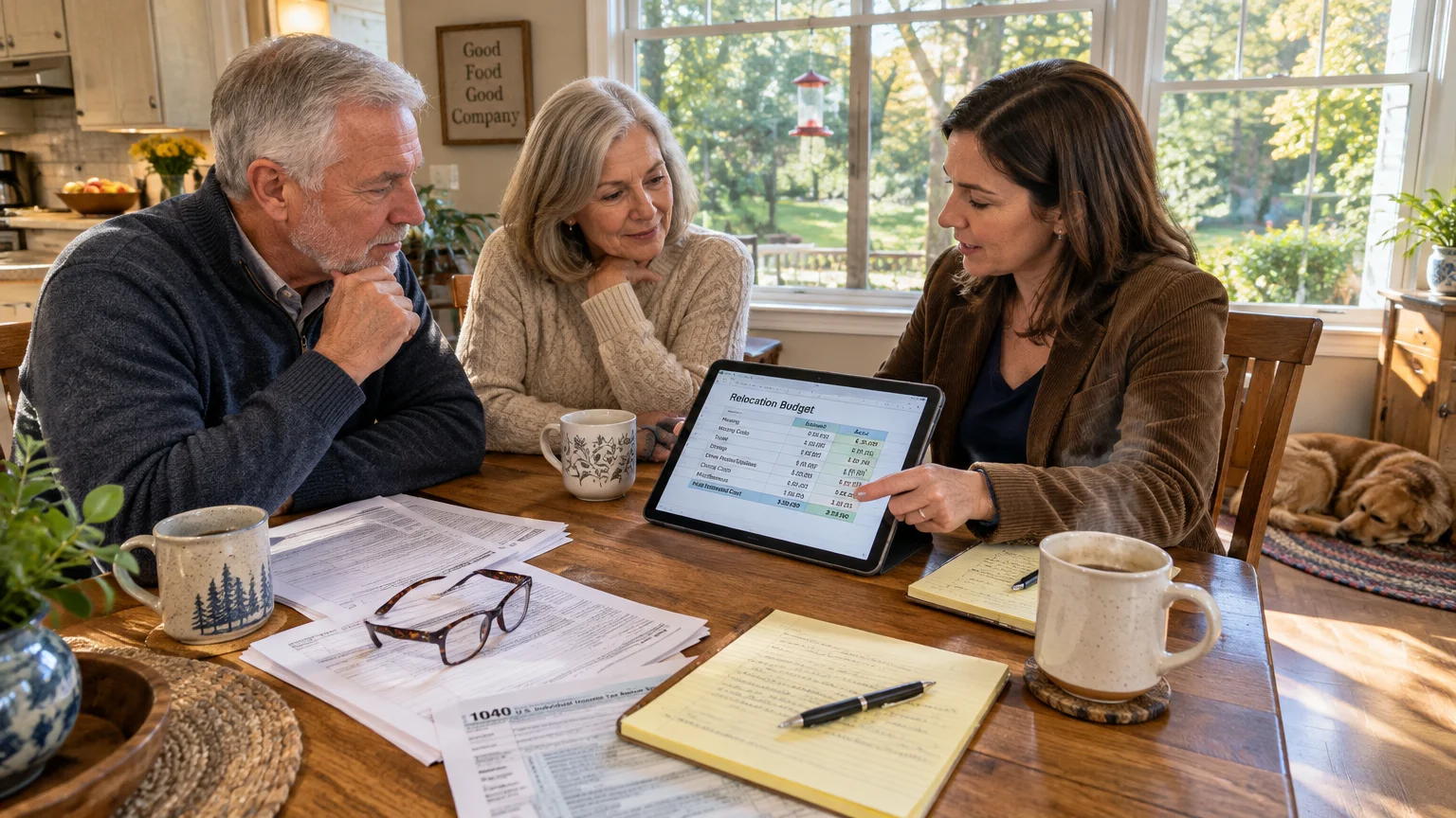 A woman shows a relocation budget spreadsheet on a tablet to an older couple seated at a dining table.